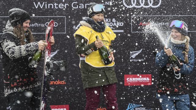 From left: Kelly Clark from USA (2nd), Chloe Kim from USA (1st) and Maddie Mastro (3rd)
Podium for Ladies' Snowboard halfpipe final at Cardrona Alpine Resort during the Audi quattro Winter Games NZ held in the Queenstown Lakes district and Naseby in Central Otago, New Zealand.
8th September 2017