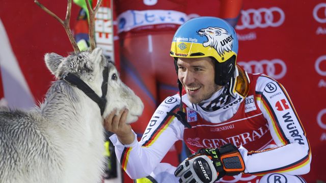 LEVI, FINLAND - NOVEMBER 12: Felix Neureuther of Germany takes 1st place and wins a reindeer during the Audi FIS Alpine Ski World Cup Men's Slalom on November 12, 2017 in Levi, Finland. (Photo by Christophe Pallot/Agence Zoom)