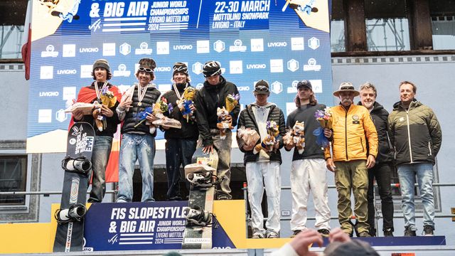 The Livigno 2024 JWC men's snowboard big air podium © Matteo Baracco