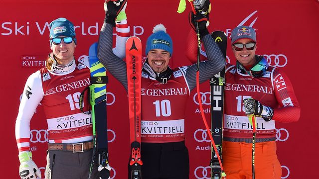 KVITFJELL, NORWAY - FEBRUARY 26: Hannes Reichelt of Austria takes 2nd place, Peter Fill of Italy takes 1st place, Erik Guay of Canada takes 3rd place during the Audi FIS Alpine Ski World Cup Men's Super-G on February 26, 2017 in Kvitfjell, Norway (Photo by Jonas Ericsson/Agence Zoom)