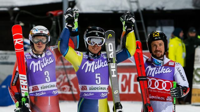 ALTA BADIA, ITALY - DECEMBER 18: Matts Olsson of Sweden takes 1st place, Henrik Kristoffersen of Norway takes 2nd place, Marcel Hirscher of Austria takes 3rd place during the Audi FIS Alpine Ski World Cup Men's Parallel Giant Slalom on December 18, 2017 in Alta Badia, Italy. (Photo by Alexis Boichard/Agence Zoom)