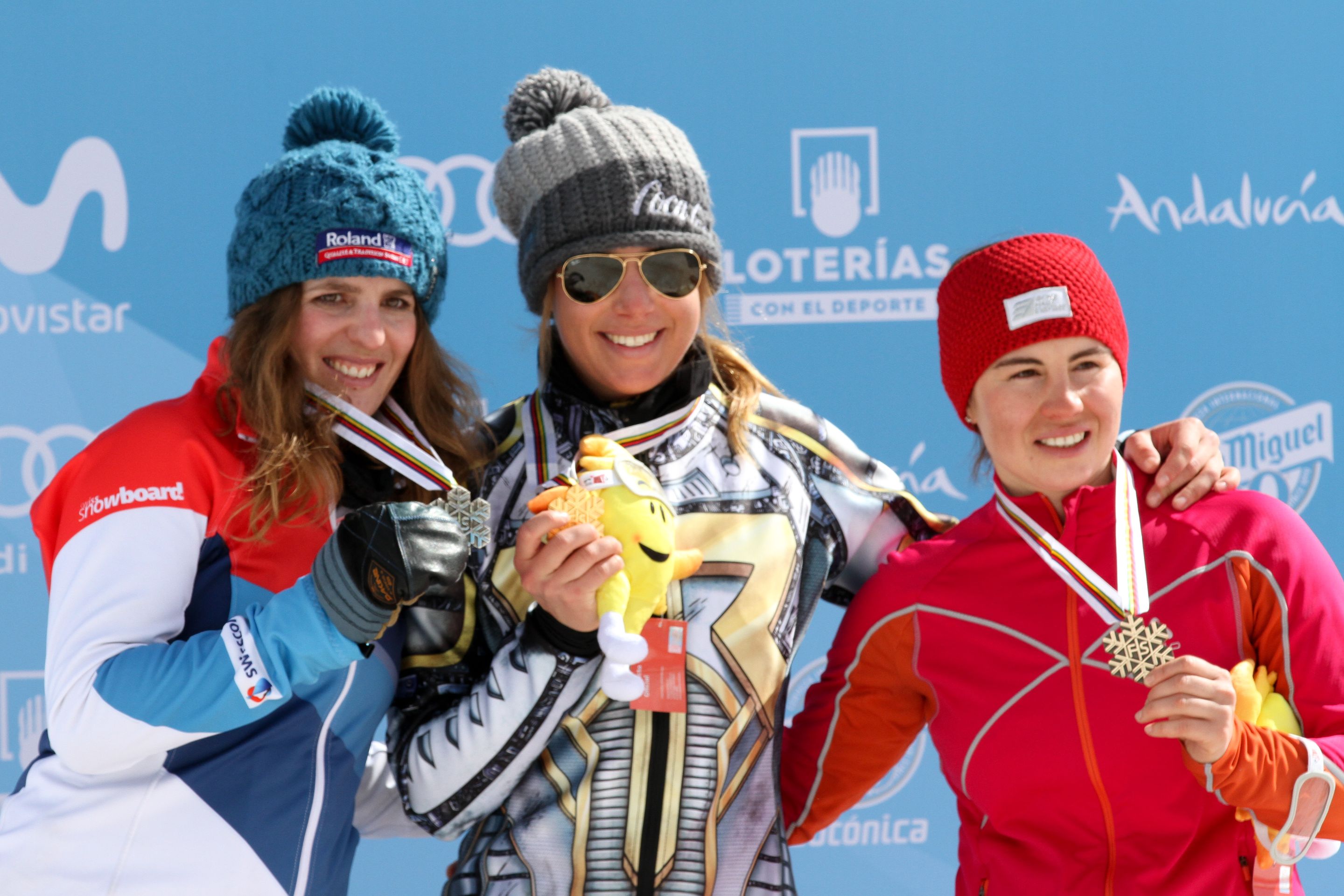 Women's Podium PGS Sierra Nevada 2017 FIS Snowboard World Championships - 2nd Patrizia Kummer (SUI), 1st Ester LEdecka (CZE), 3rd Ekaterina Tudegesheva (RUS)