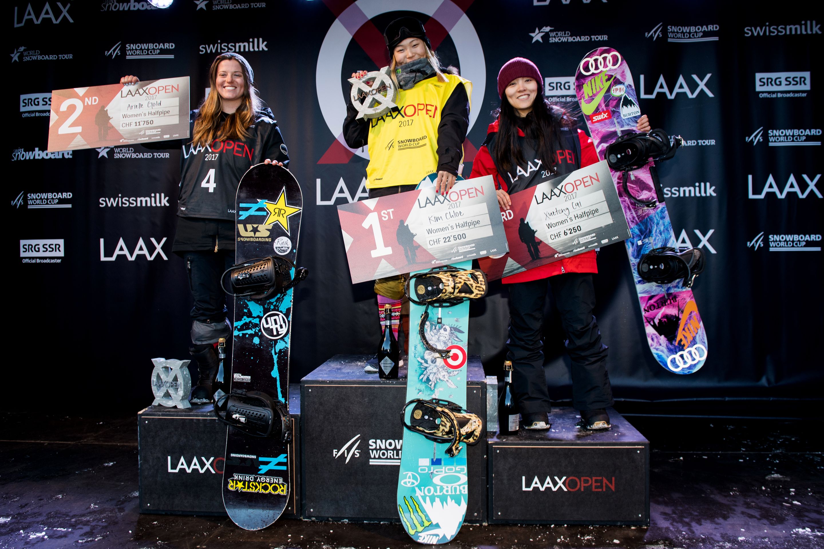 FIS Snowboard World Cup - Laax SUI - Halfpipe - Women's podium with 2nd GOLD Arielle USA, 1st KIM Chloe USA and 3rd CAI Xuetong CHN © Miha Matavz/FIS