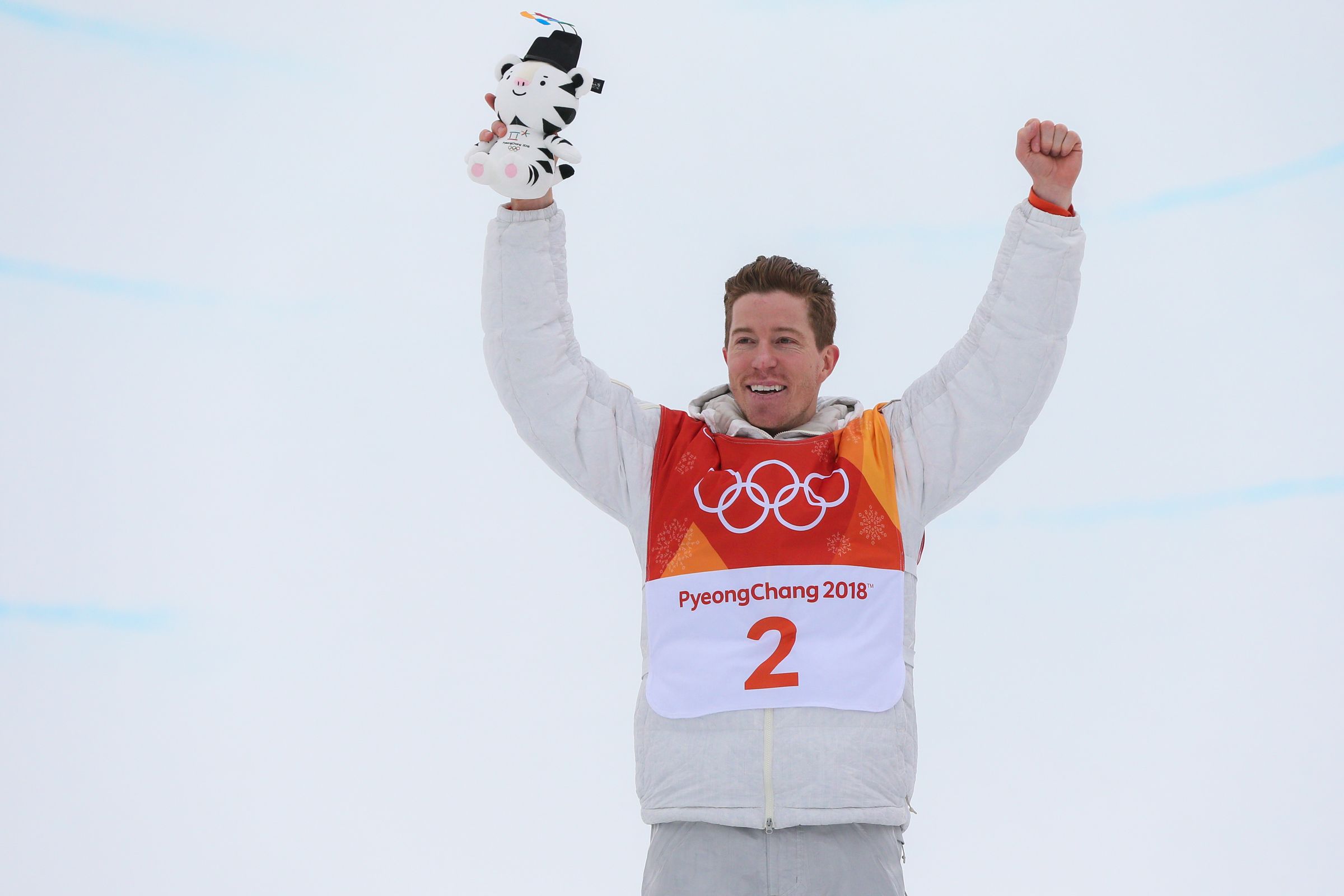 PYEONGCHANG-GUN, SOUTH KOREA - FEBRUARY 14: Shaun White of USA takes 1st place during the Snowboarding Men's Halfpipe Finals at Pheonix Snow Park on February 14, 2018 in Pyeongchang-gun, South Korea. (Photo by Laurent Salino/Agence Zoom)