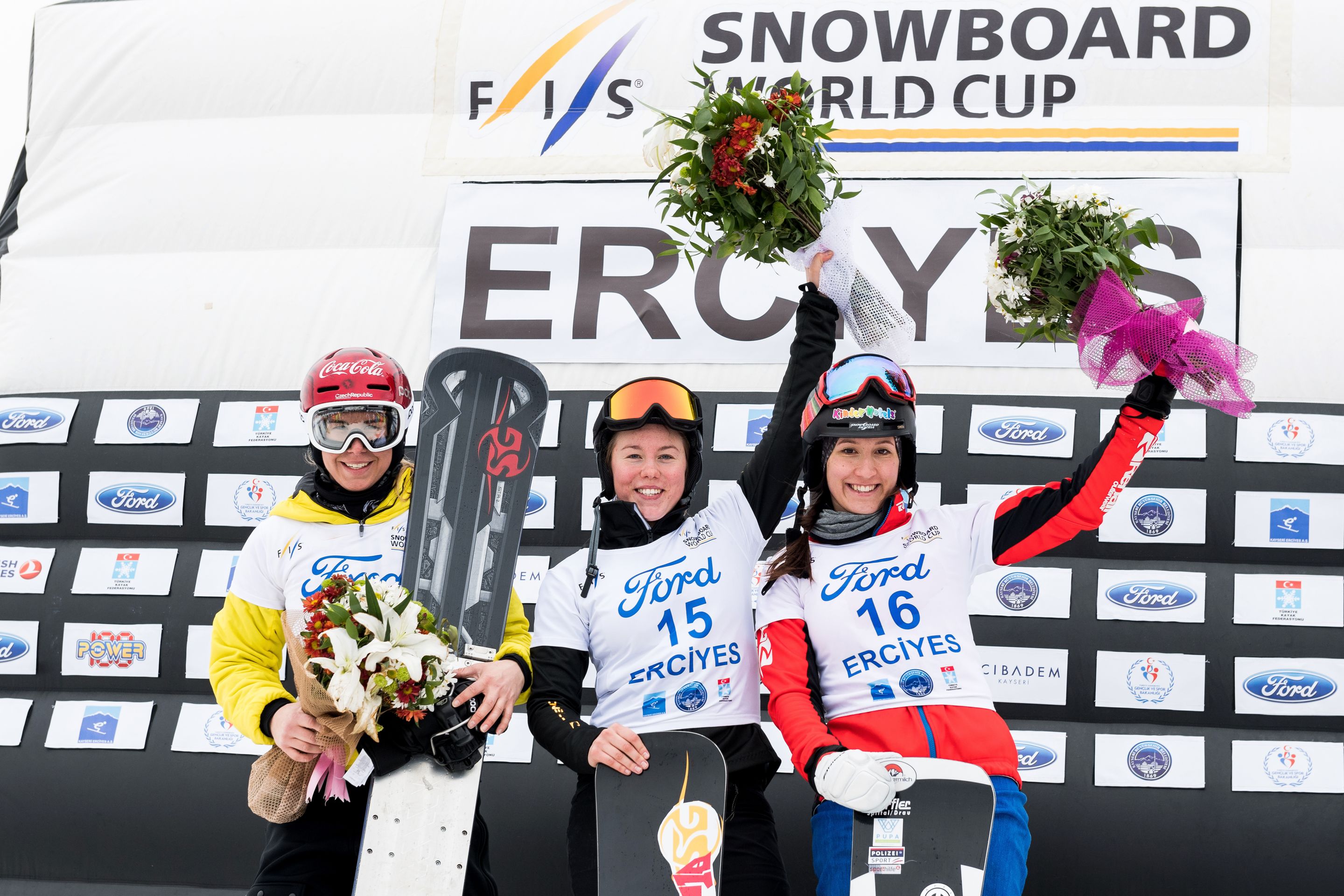 FIS Snowboard World Cup - Kayseri TUR - PGS - Women's podium with 2nd LEDECKA Ester CZE, 1st BYKOVA Milena RUS and 3rd ULBING Daniela AUT © Miha Matavz/FIS