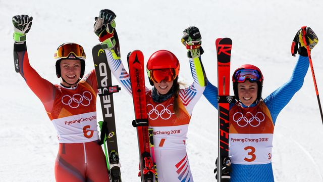 PYEONGCHANG-GUN, SOUTH KOREA - FEBRUARY 15: Ragnhild Mowinckel of Norway wins the silver medal, Mikaela Shiffrin of USA wins the gold medal, Federica Brignone of Italy wins the bronze medal during the Alpine Skiing Women's Giant Slalom at Yongpyong Alpine Centre on February 15, 2018 in Pyeongchang-gun, South Korea. (Photo by Christophe Pallot/Agence Zoom)