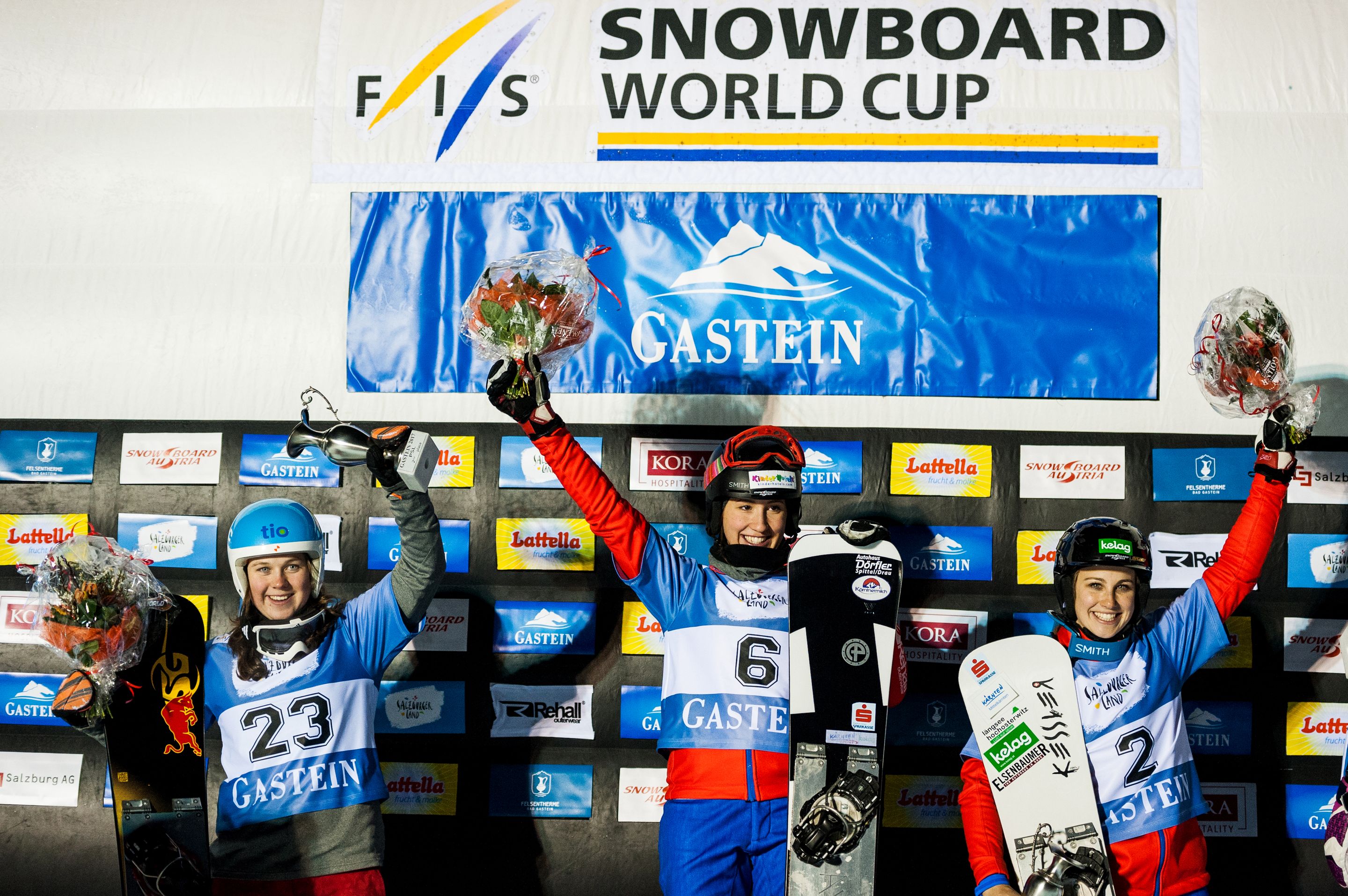 FIS Snowboard World Cup - Bad Gastein AUT - PSL - Women's podium with 2nd DEKKER Michelle NED, 1st 
ULBING Daniela AUT, 3rd SCHOEFFMANN S. AUT © Miha Matavz