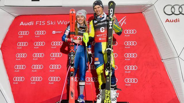OSLO, NORWAY - JANUARY 01: Andre Myhrer of Sweden takes 1st place, Mikaela Shiffrin of USA takes 1st place during the Audi FIS Alpine Ski World Cup Men's and Women's City Event on January 1, 2018 in Oslo, Norway. (Photo by Nisse Schmidt/Agence Zoom)