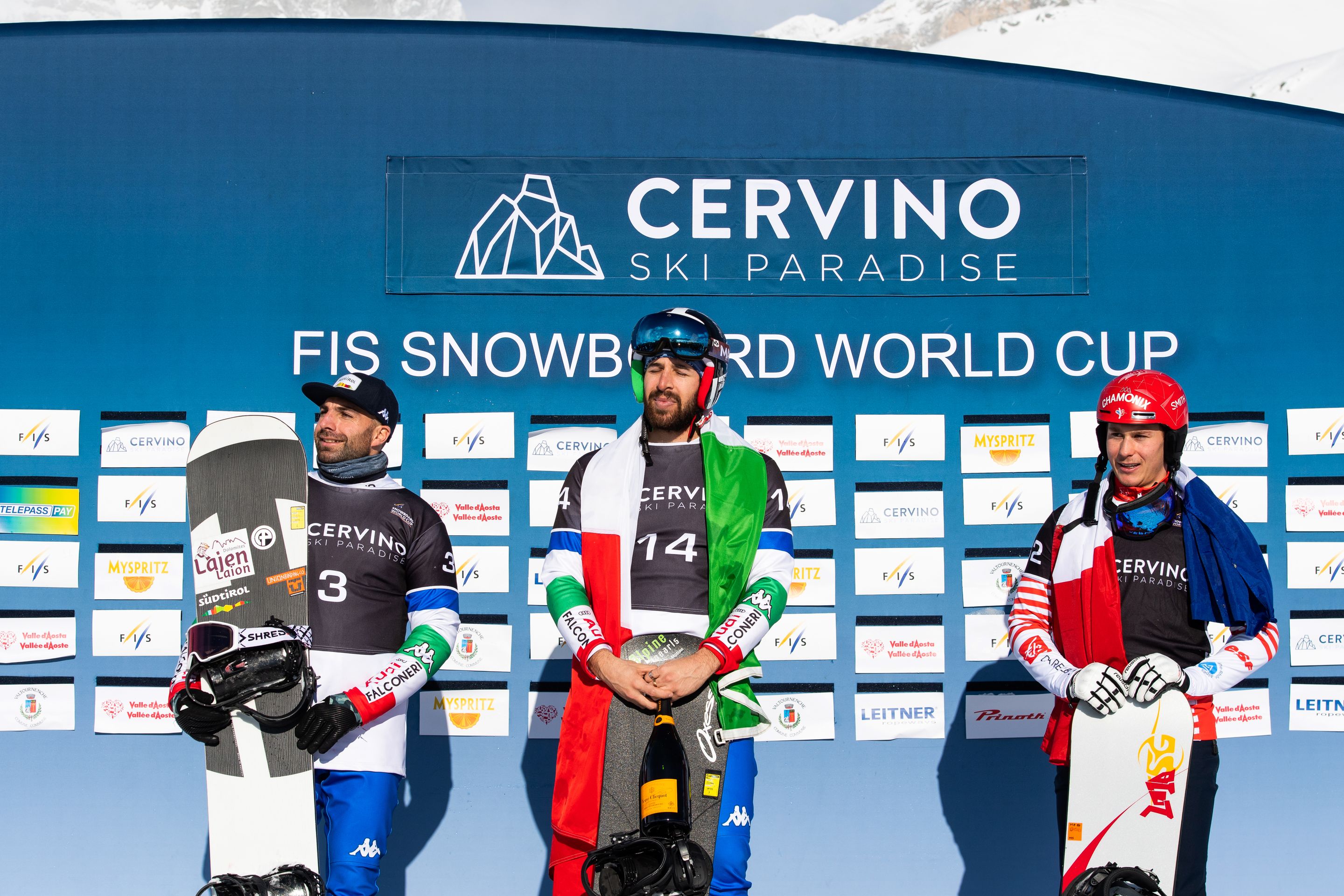 FIS Snowboard World Cup - Cervinia ITA - SBX - Men's podium with 2nd PERATHONER Emanuel ITA, 1st SOMMARIVA Lorenzo ITA and 3rd SURGET Merlin FRA © Miha Matavz/FIS