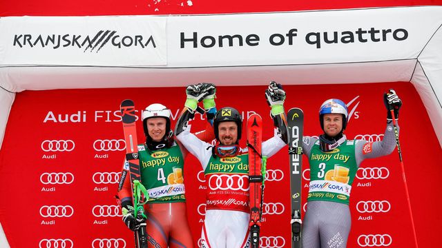 KRANJSKA GORA, SLOVENIA - MARCH 03: Henrik Kristoffersen of Norway takes 2nd place, Marcel Hirscher of Austria takes 1st place, Alexis Pinturault of France takes 3rd place during the Audi FIS Alpine Ski World Cup Men's Giant Slalom on March 3, 2018 in Kranjska Gora, Slovenia. (Photo by Stanko Gruden/Agence Zoom)
