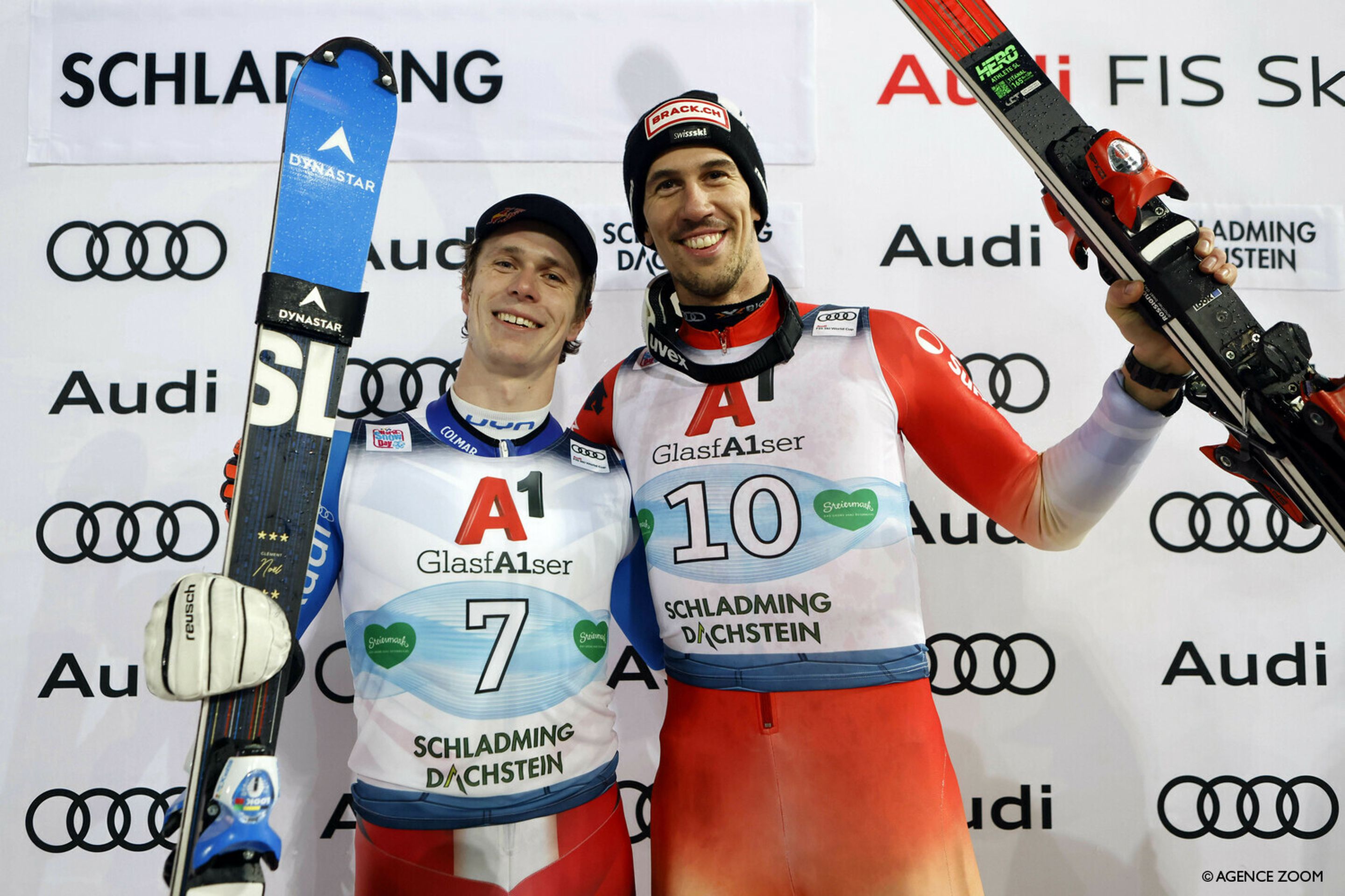 France's Clement Noel (left) and Ramon Zenhaeusern of Switzerland after the Schladming (AUT) slalom last month (Agence Zoom)