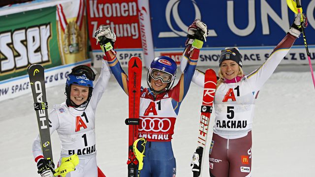 FLACHAU, AUSTRIA - JANUARY 09: Bernadette Schild of Austria takes 2nd place, Mikaela Shiffrin of USA takes 1st place, Frida Hansdotter of Sweden takes 3rd place during the Audi FIS Alpine Ski World Cup Women's Slalom on January 9, 2018 in Flachau, Austria. (Photo by Christophe Pallot/Agence Zoom)