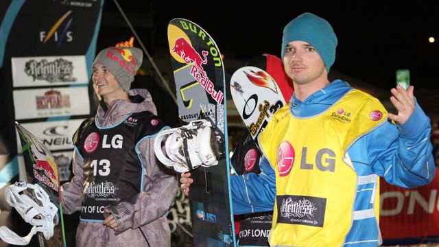 Marko Grilc (SLO) after winning the London big air World Cup in 2010 © Oliver Kraus/FIS Snowboard