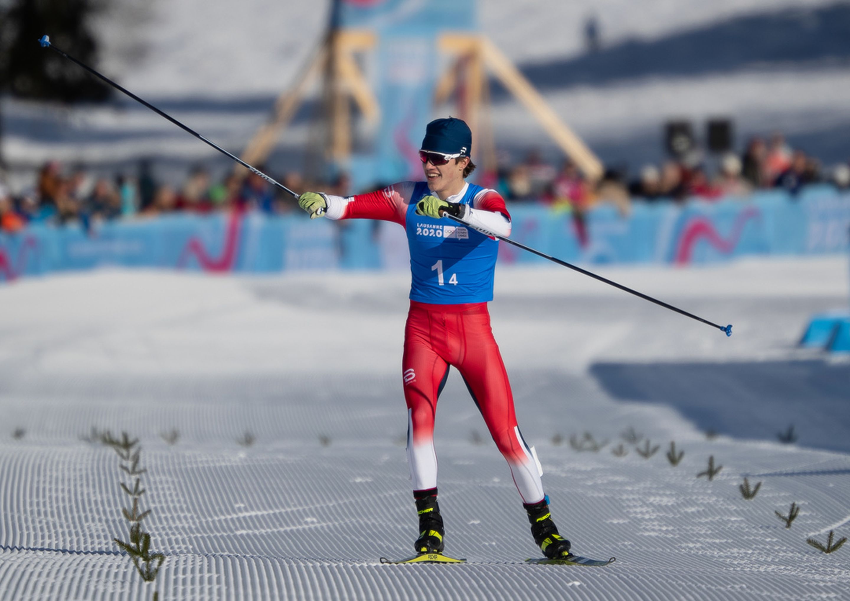 Nikolai Holmboe NOR celebrates after winning Cross-Country in the Nordic Combined Mixed Team Cross Country Skiing at Vallee de Joux Cross-Country Centre. The Winter Youth Olympic Games, Lausanne, Switzerland, Wednesday 22 January 2020. Photo: OIS/Simon Bruty. Handout image supplied by OIS/IOC