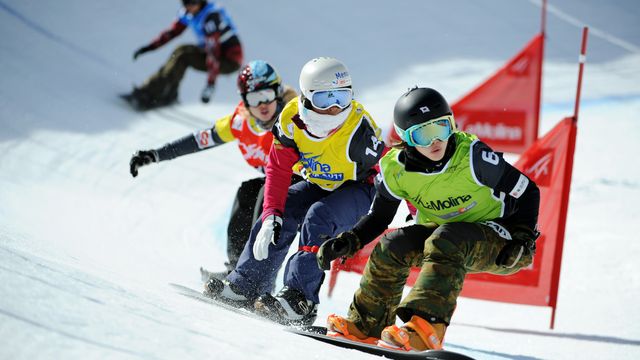 FIS Snowboard World Cup - La Molina SPA - SBX - Finals - Fujimori Yuka JPN in Green, Ravel Elisa FRA in Yellow, Maltais Dominique CAN in Red and Brenneman Carle CAN in Blue