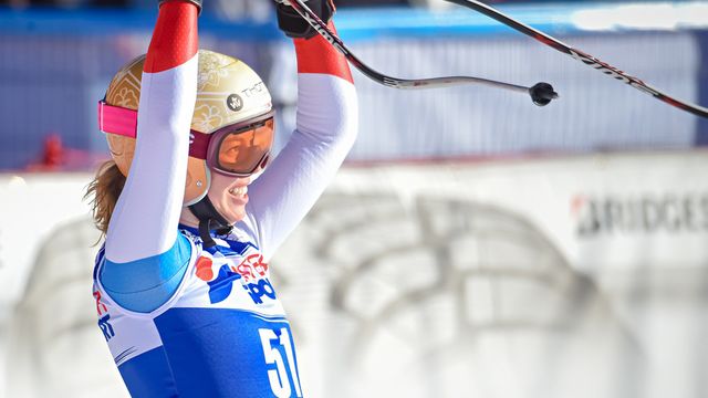 VAL D'ISERE, FRANCE - DECEMBER 17: Michelle Gisin of Switzerland celebrates during the Audi FIS Alpine Ski World Cup Women's Downhill on December 17, 2016 in Val d'Isere, France (Photo by Michel Cottin/Agence Zoom)