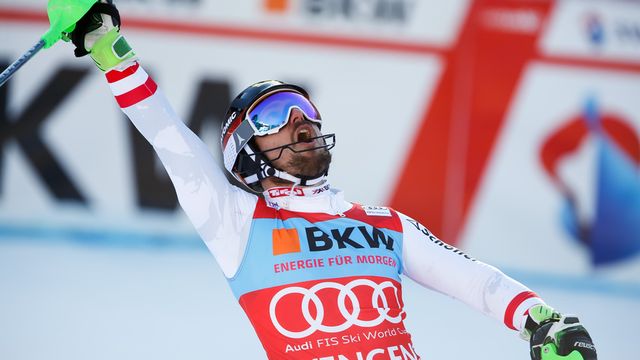 WENGEN, SWITZERLAND - JANUARY 14: Marcel Hirscher of Austria takes 1st place during the Audi FIS Alpine Ski World Cup Men's Slalom on January 14, 2018 in Wengen, Switzerland. (Photo by Alexis Boichard/Agence Zoom)
