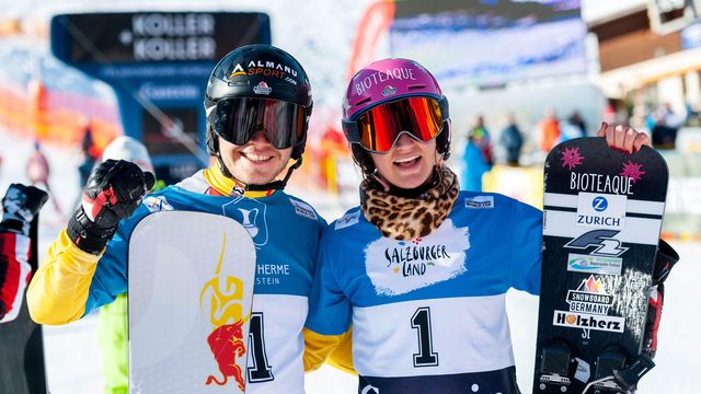 PSL Mixed Team events winners - Stefan Baumeister and Ramona Theresia Hofmesiter of Germany © Miha Matavz (FIS Snowboard)