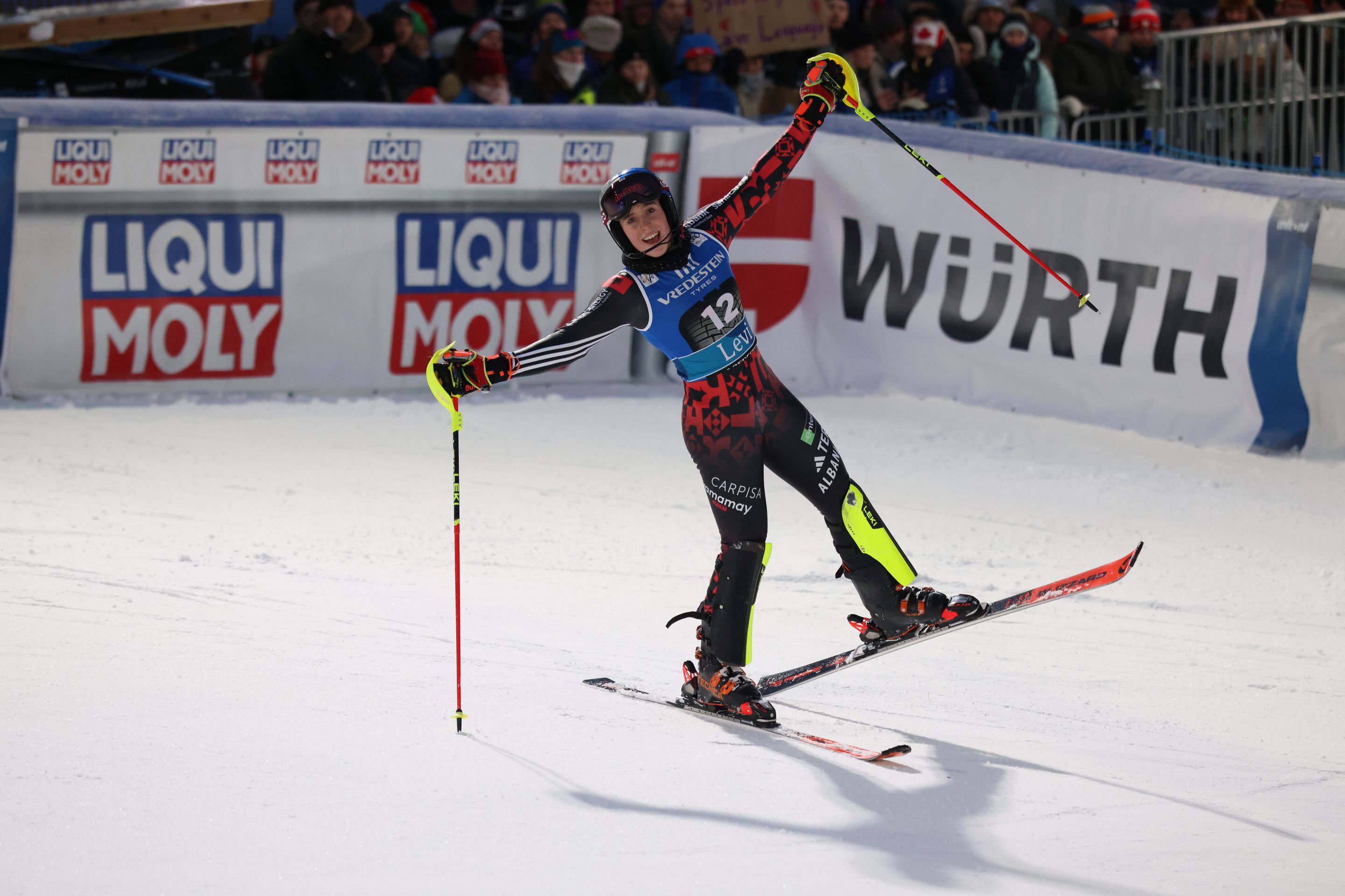 Lara Colturi (ALB/Blizzard) was delighted after guaranteeing herself a place on the podium with a fantastic second run in Levi on Saturday. © FIS/ActionPress/Julia Piatkowska
