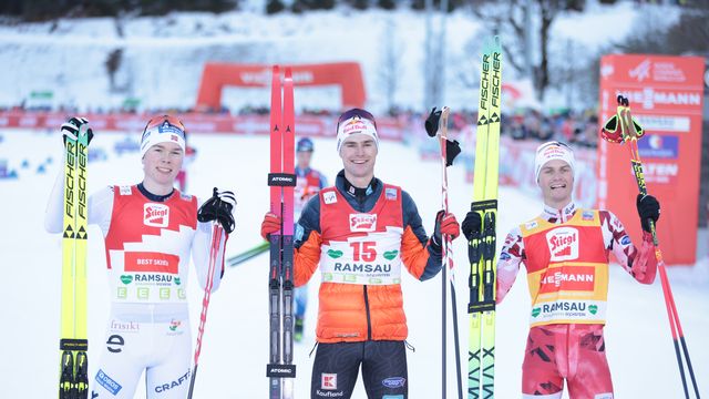 Geiger (centre) edged Oftebro (left) for victory with Johannes Lamparter claiming the other podium place © FIS/ActionPress/NocoGirls