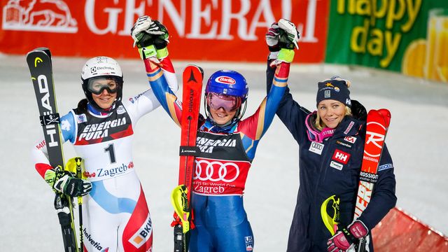 ZAGREB, CROATIA - JANUARY 03: Wendy Holdener of Switzerland takes 2nd place, Mikaela Shiffrin of USA takes 1st place, Frida Hansdotter of Sweden takes 3rd place during the Audi FIS Alpine Ski World Cup Women's Slalom on January 3, 2018 in Zagreb, Croatia. (Photo by Christophe Pallot/Agence Zoom)