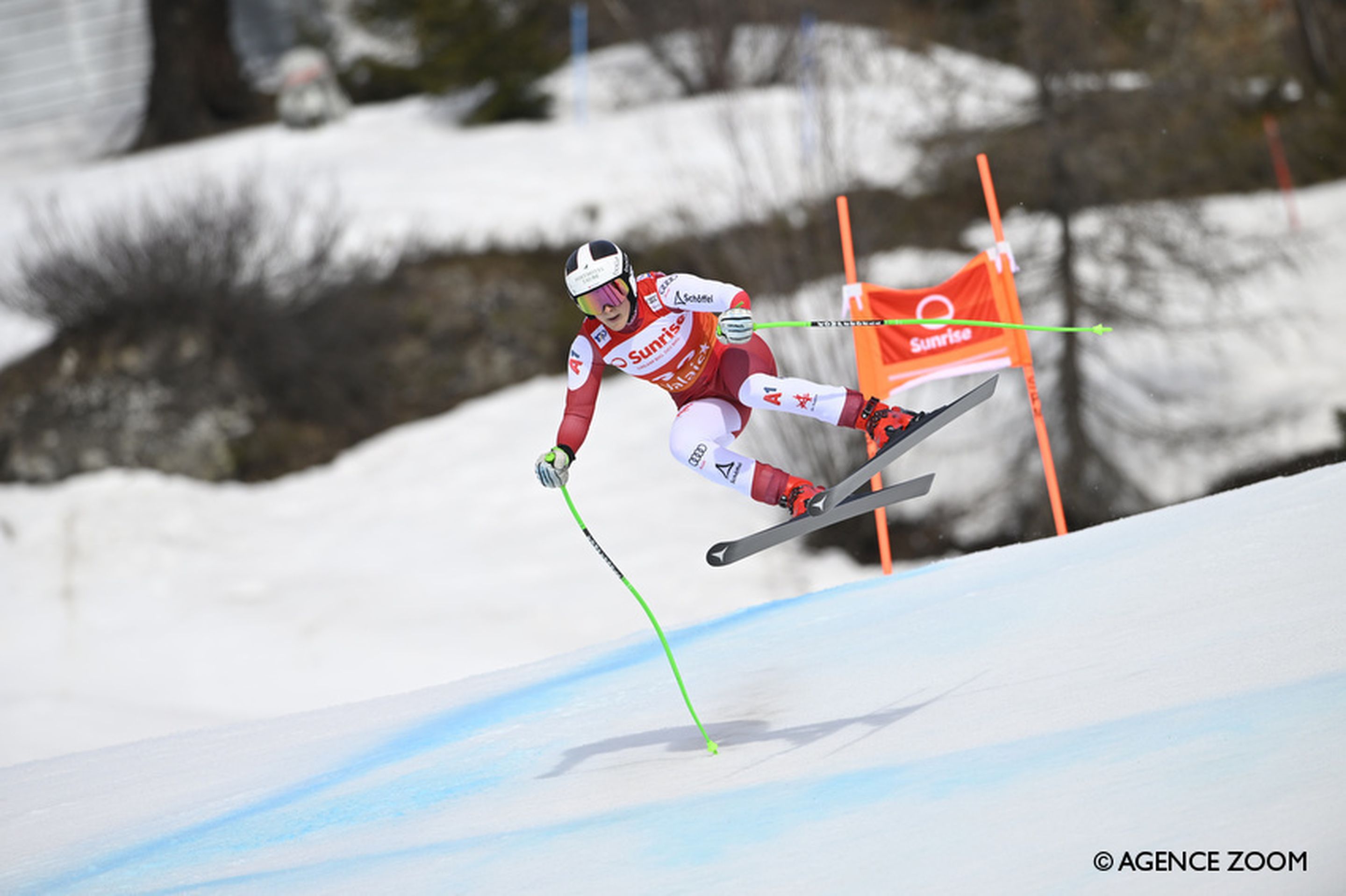 Emily Schoepf (AUT) soaring down the World Cup downhill course in Crans-Montana