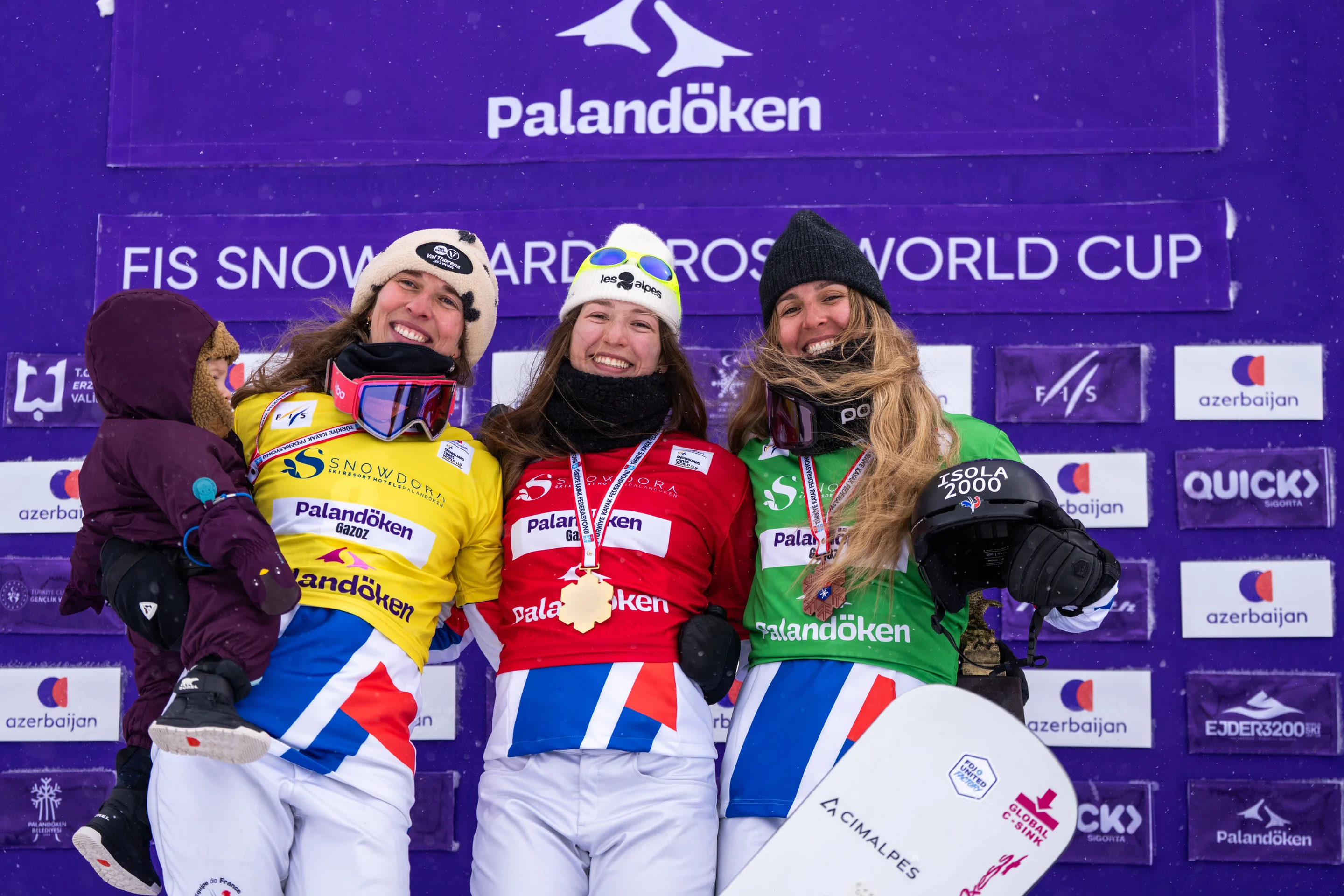 France's Chloe Trespeuch and her son, Lea Casta and Julia Nirani-Pereira are pictured on the podium with their medals