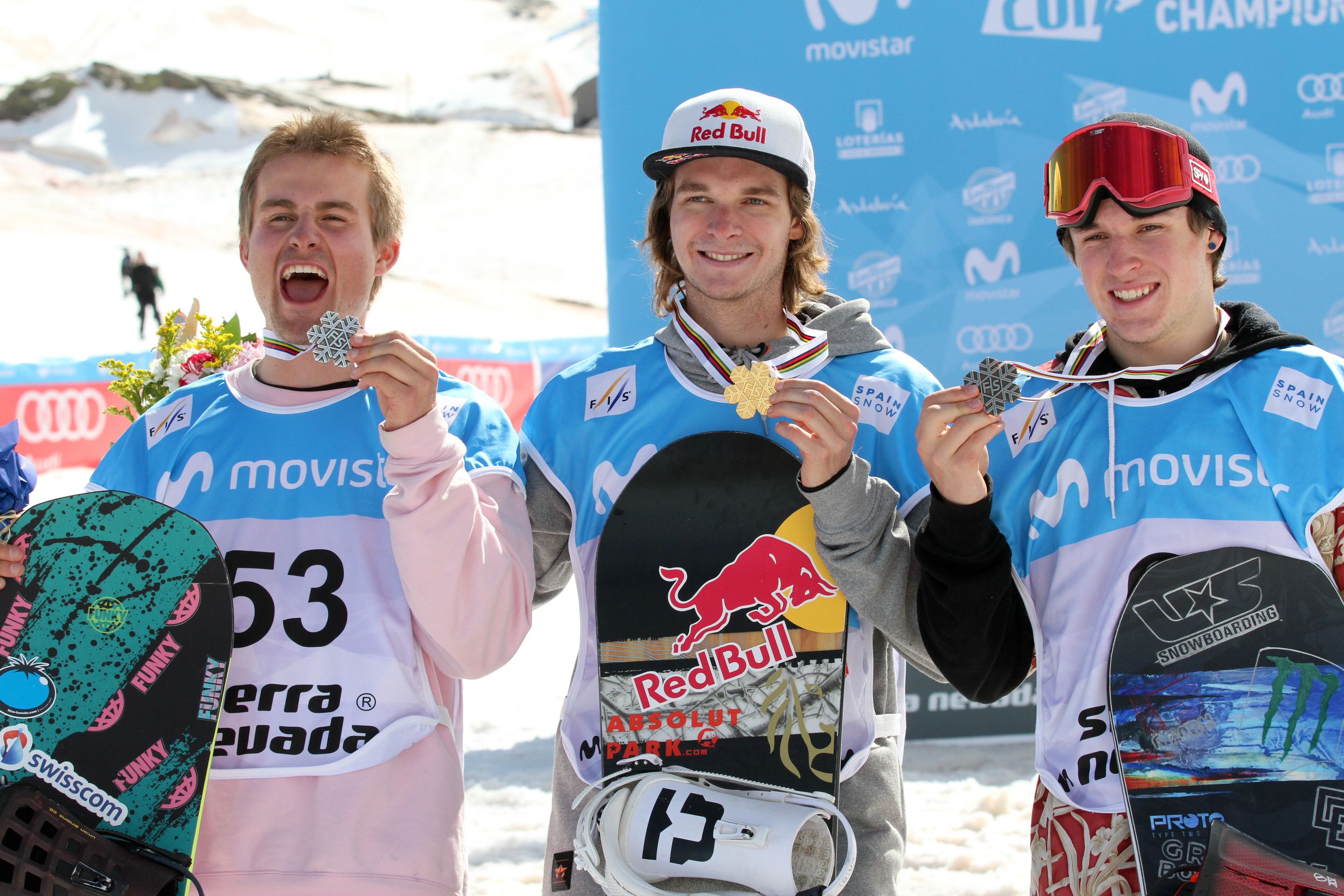 Podium men slopestyle at Sierra Nevada 2017 FIS Snowboard World Championships - Slopestyle - 2nd Nicolas Huber (SUI) 1st Seppe Smits (BEL) 3rd Chris Corning (USA)