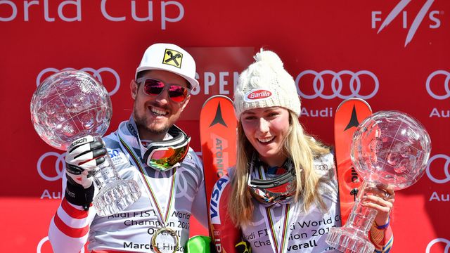 ASPEN, USA - MARCH 19: Marcel Hirscher of Austria and Mikaela Shiffrin of USA win the globe in the overall standings during the Audi FIS Alpine Ski World Cup Finals Women's and Men's on March 19, 2017 in Aspen, USA (Photo by Francis Bompard/Agence Zoom)