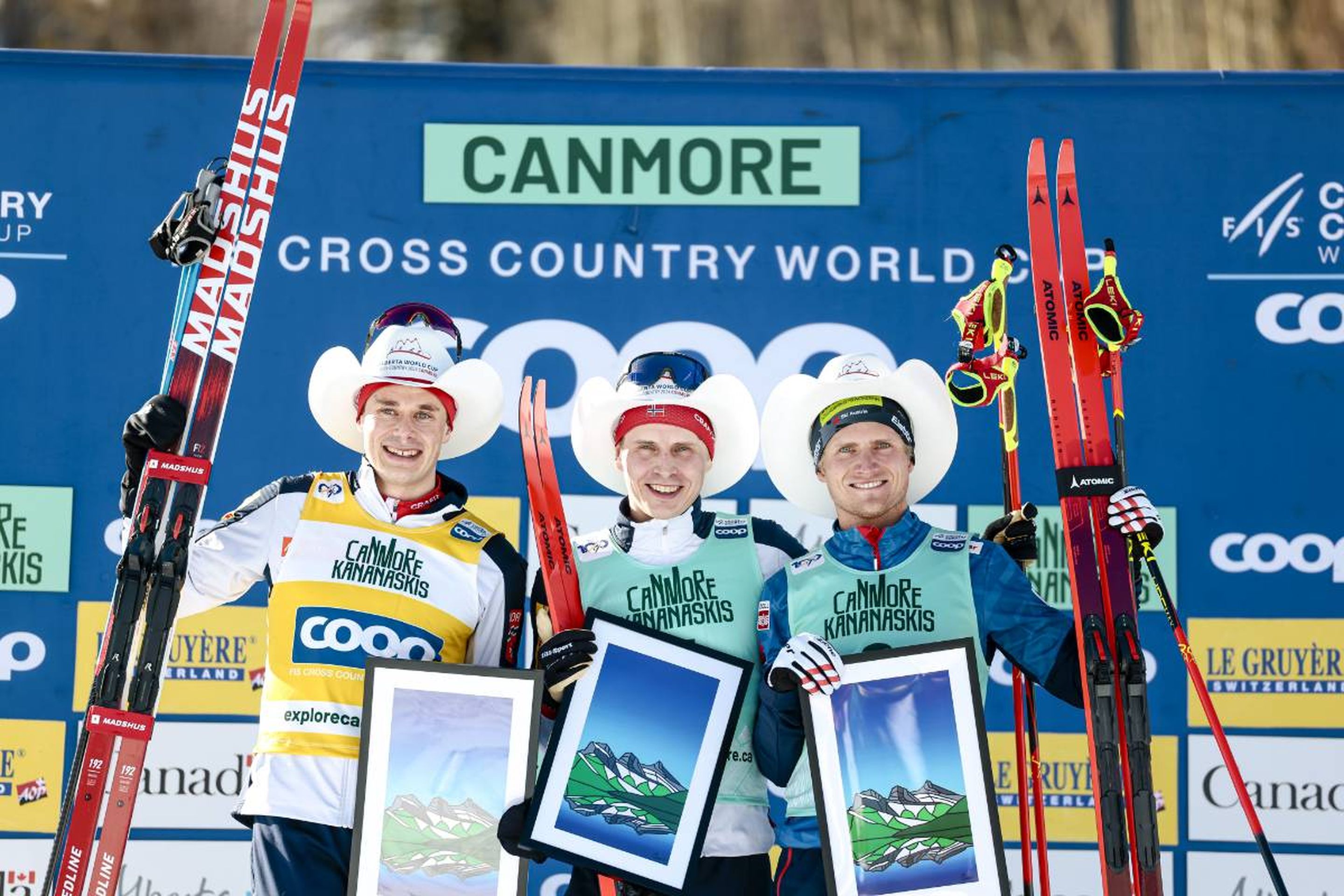 Everyone with something to smile about: Overall World Cup leader Harald Oestberg Amundsen (NOR), Simen Hegstad Krueger (NOR) who won his first race this season, and Mika Vermuelen (AUT) who bagged his first podium © NordicFocus