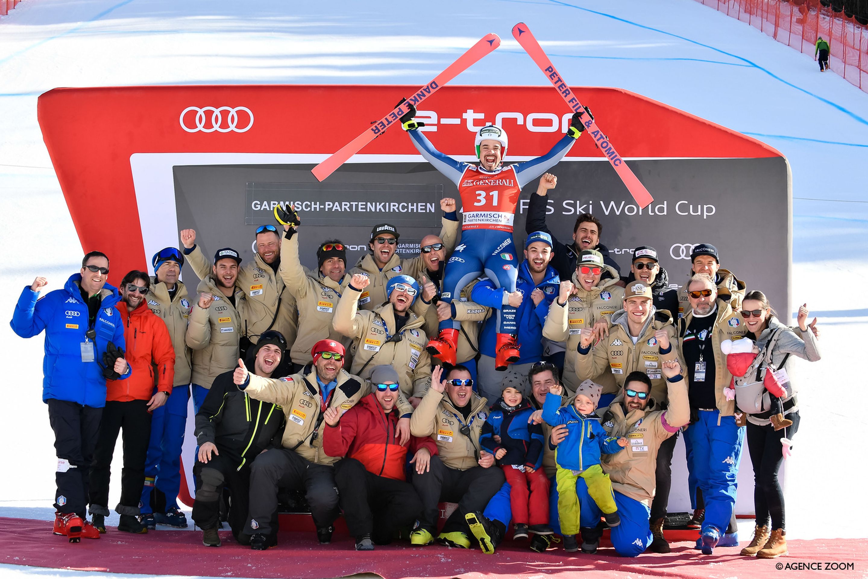 GARMISCH PARTENKIRCHEN, GERMANY - FEBRUARY 1: Peter Fill of Italy celebrates his last race during the Audi FIS Alpine Ski World Cup Men's Downhill on February 1, 2020 in Garmisch Partenkirchen, Germany. (Photo by Alain Grosclaude/Agence Zoom)