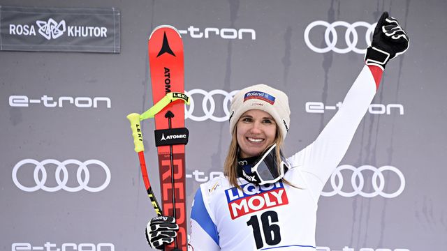 SOCHI, RUSSIA - FEBRUARY 2: Joana Haehlen of Switzerland takes 3rd place during the Audi FIS Alpine Ski World Cup Women's Super G on February 2, 2020 in Sochi Russia. (Photo by Michel Cottin/Agence Zoom)