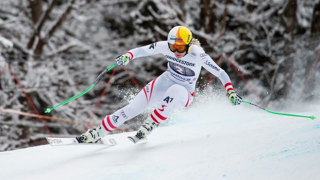 GARMISCH-PARTENKIRCHEN, GERMANY - FEBRUARY 03: Cornelia Huetter of Austria competes during the Audi FIS Alpine Ski World Cup Women's Downhill on February 3, 2018 in Garmisch-Partenkirchen, Germany. (Photo by Hans Bezard/Agence Zoom)