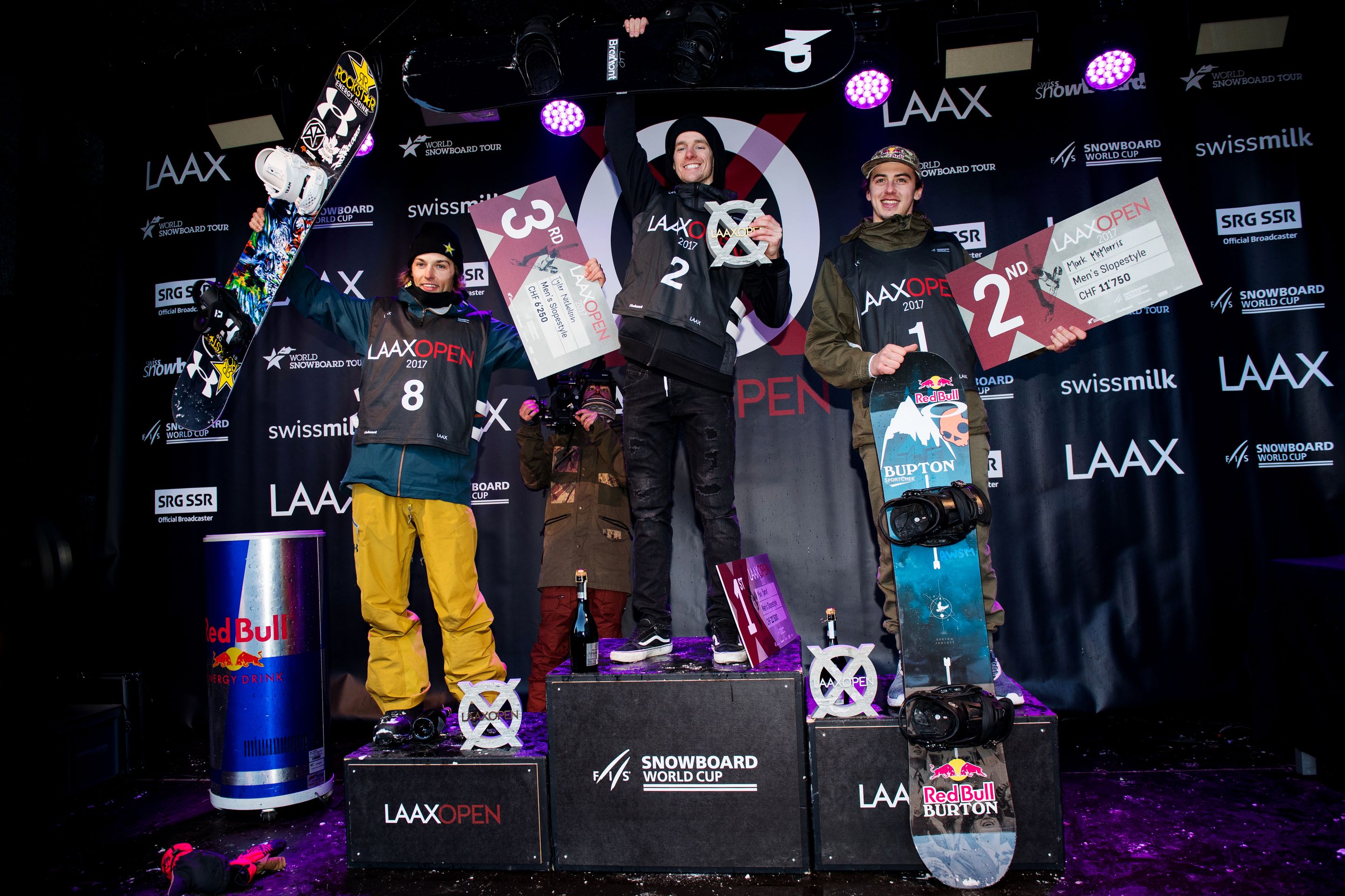 FIS Snowboard World Cup - Laax SUI - SBS - Men's podium with 3rd NICHOLSON Tyler CAN, 1st PARROT Max CAN and 2nd MCMORRIS Mark CAN © Miha Matavz/FIS