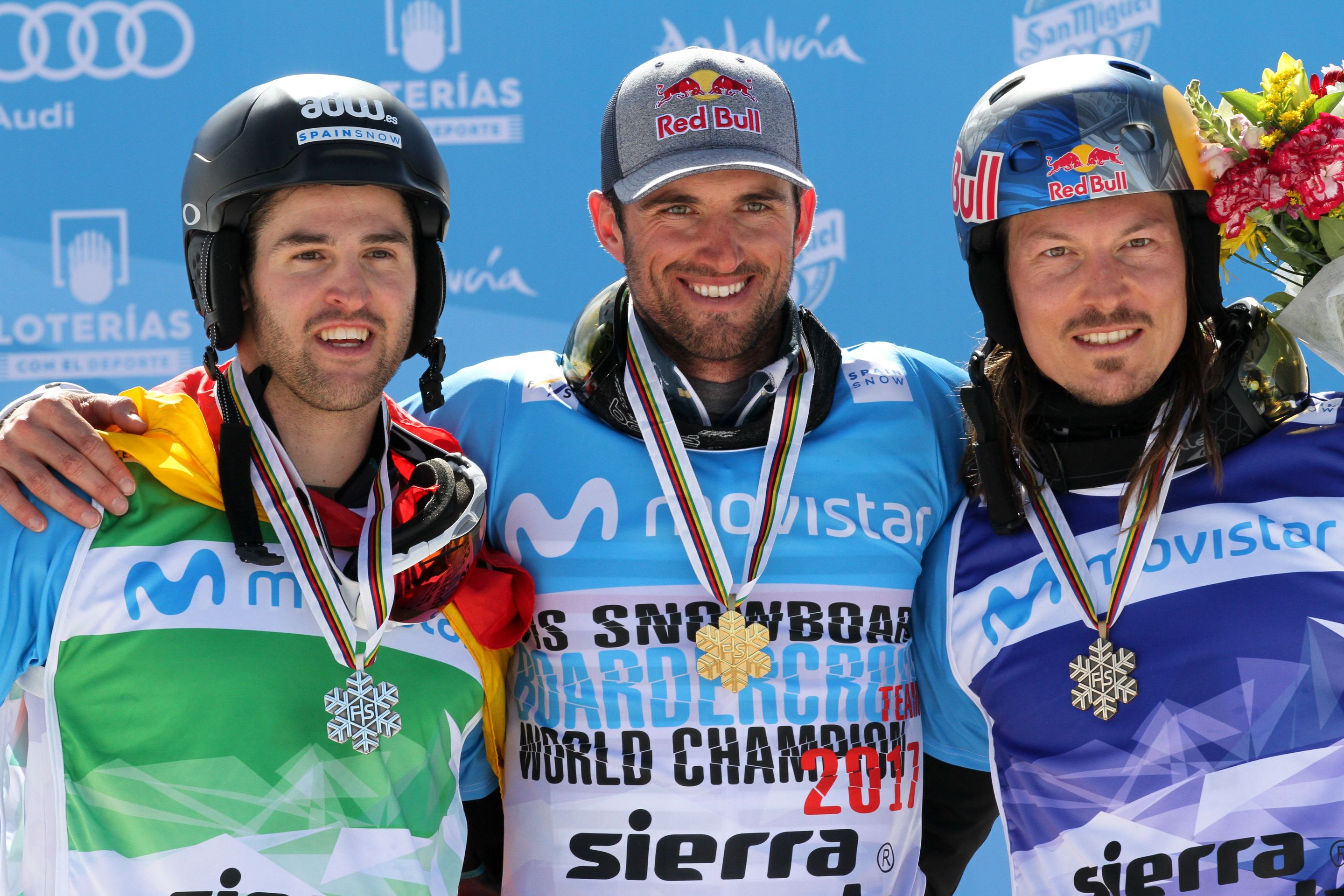 Men's podium SBX Sierra Nevada 2017 FIS Snowboard World Championships - 2nd Lucas Eguibar (ESP) 1st Pierre Vaultier (FRA) 3rd Alex Pullin (AUS)