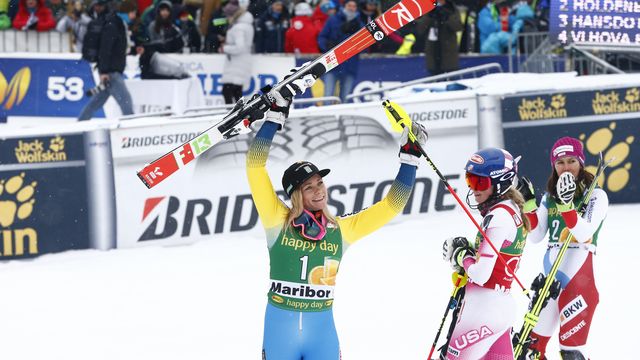 MARIBOR, SLOVENIA - JANUARY 08: Mikaela Shiffrin of USA takes 1st place, Wendy Holdener of Switzerland takes 2nd place, Frida Hansdotter of Sweden takes 3rd place during the Audi FIS Alpine Ski World Cup Women's Slalom on January 08, 2017 in Maribor, Slovenia (Photo by Christophe Pallot/Agence Zoom)