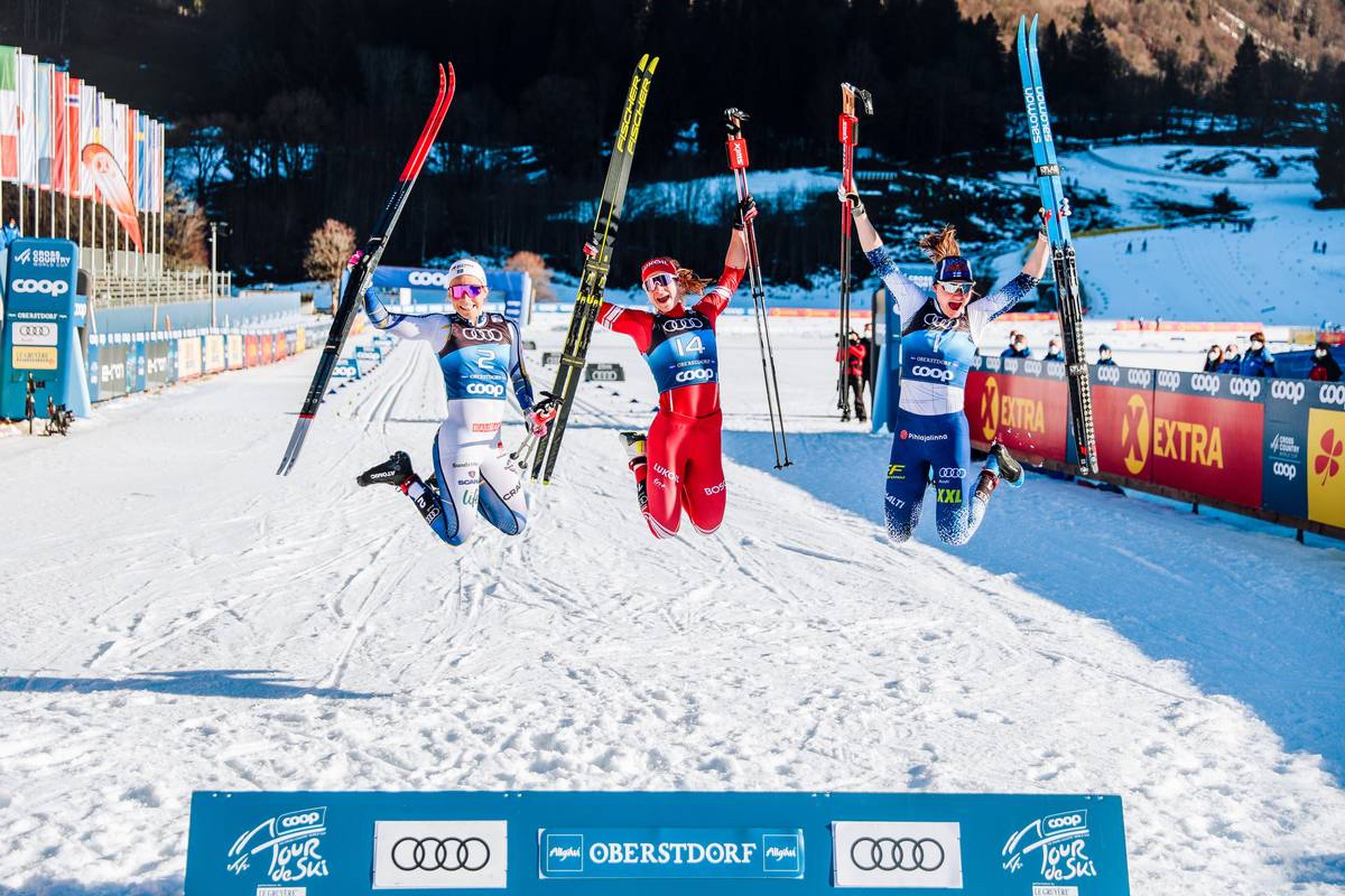 01.01.2022, Oberstdorf, Germany (GER):
Johanna Hagstroem (SWE), Natalia Nepryaeva (RUS), Johanna Matintalo (FIN), (l-r)  - FIS world cup cross-country, tour de ski, individual sprint, Oberstdorf (GER). www.nordicfocus.com. © Modica/NordicFocus. Every downloaded picture is fee-liable.