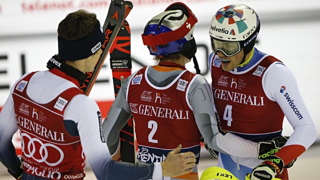 MADONNA DI CAMPIGLIO, ITALY - JANUARY 8: Clement Noel of France takes 3rd place, Henrik Kristoffersen of Norway takes 2nd place, Daniel Yule of Switzerland takes 1st place during the Audi FIS Alpine Ski World Cup Men's Slalom on January 8, 2020 in Madonna di Campiglio Italy. (Photo by Christophe Pallot/Agence Zoom)