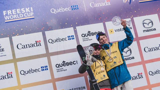 2018/19 big air World Cup champions Elena Gaskell (CAN) and Andri Ragettli (SUI)