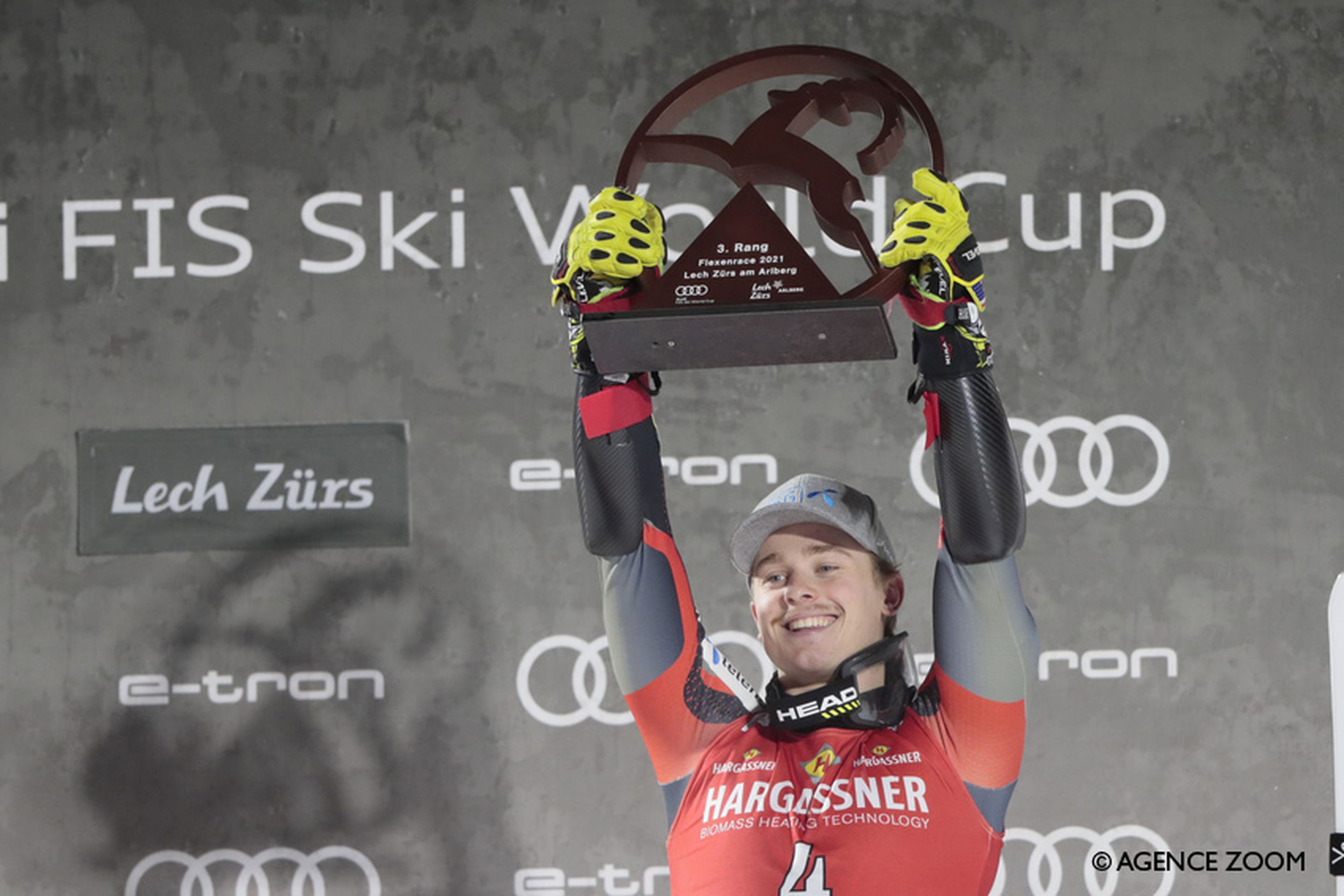 LECH, AUSTRIA - NOVEMBER 14: Atle Lie Mcgrath of Norway takes 3rd place during the Audi FIS Alpine Ski World Cup Men's Parallel Giant Slalom on November 14, 2021 in Lech Austria. (Photo by Christophe Pallot/Agence Zoom)