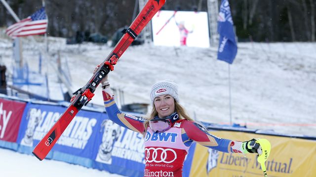 KILLINGTON, VT - NOVEMBER 26: Mikaela Shiffrin of USA takes 1st place during the Audi FIS Alpine Ski World Cup Women's Slalom on November 26, 2017 in Killington, Vermont. (Photo by Alexis Boichard/Agence Zoom)