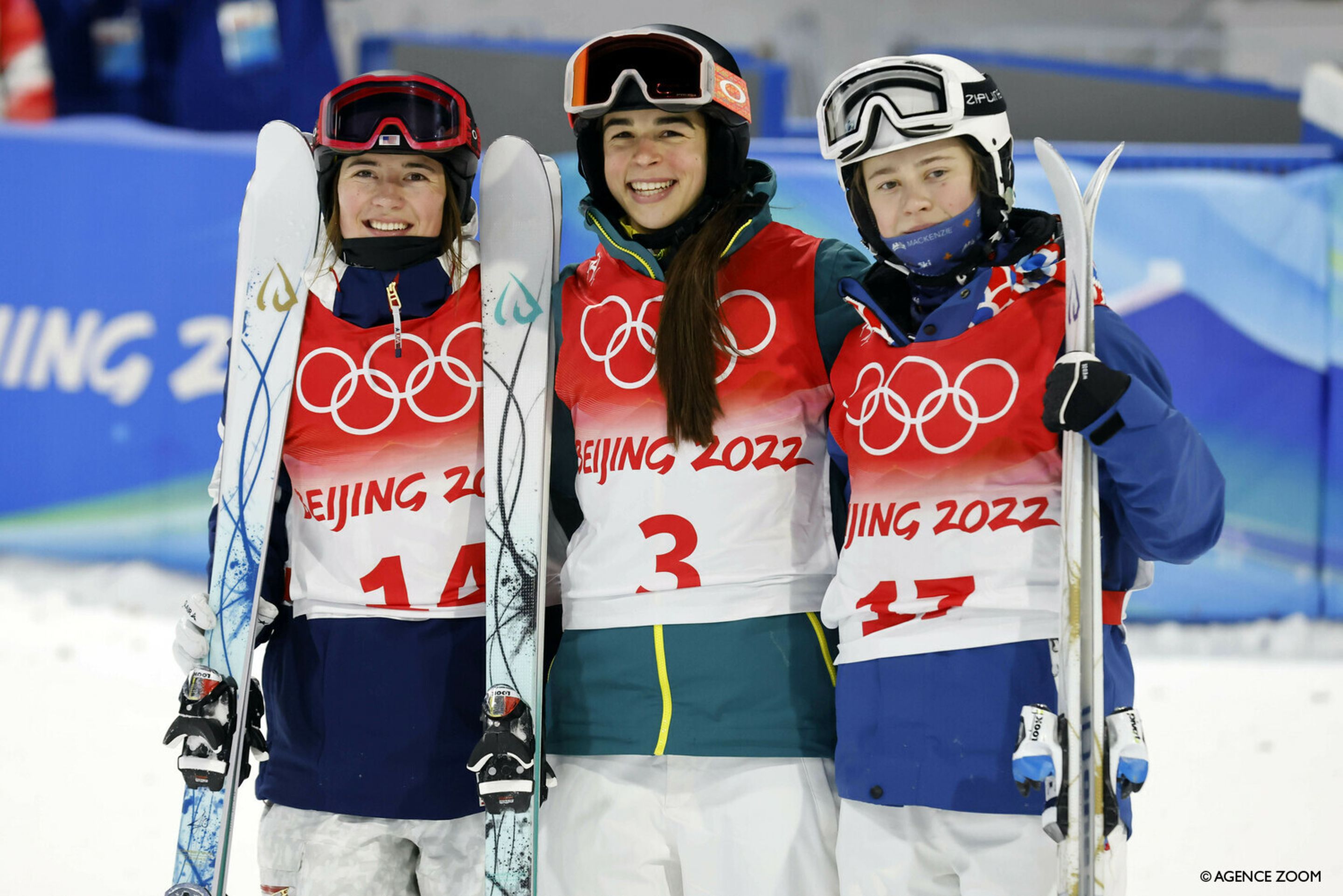 BEIJING, CHINA - FEBRUARY 6 : Jaelin Kauf of Team United States wins the silver medal, Jakara Anthony of team Australia wins the gold medal, Anastasiia Smirnova of Team Russia wins the bronze medal during the Olympic Games 2022, Men's Ski Freestyle Moguls on February 6, 2022 in Zhangjiakou China. (Photo by Christophe Pallot/Agence Zoom)