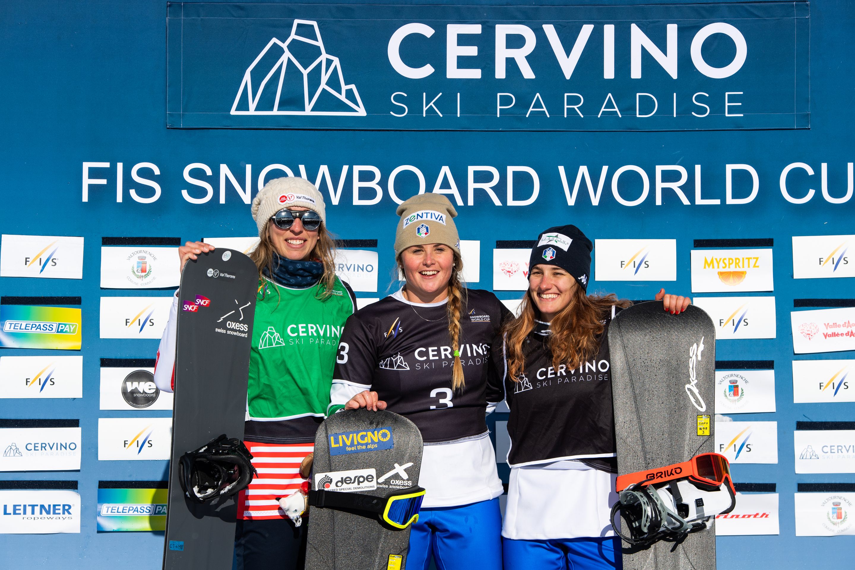 FIS Snowboard World Cup - Cervinia ITA - SBX - Women's podium with 2nd TRESPEUCH Chloe FRA, 1st MOIOLI Michela ITA and 3rd BELINGHERI Sofia ITA © Miha Matavz/FIS