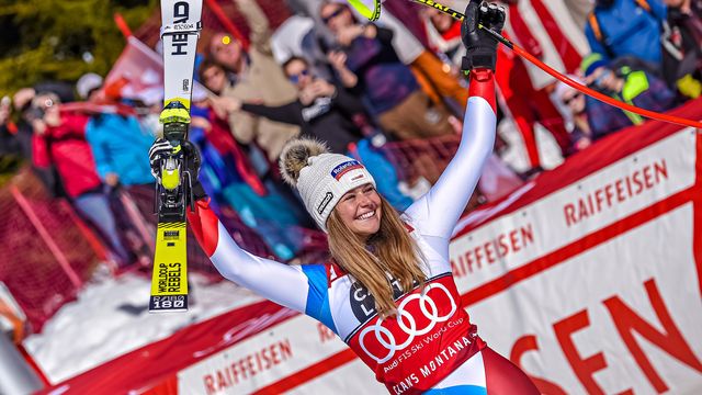 CRANS MONTANA, SWITZERLAND - FEBRUARY 22: Corinne Suter of Switzerland takes 2nd place during the Audi FIS Alpine Ski World Cup Women's Downhill on February 22, 2020 in Crans Montana Switzerland. (Photo by Michel Cottin/Agence Zoom)