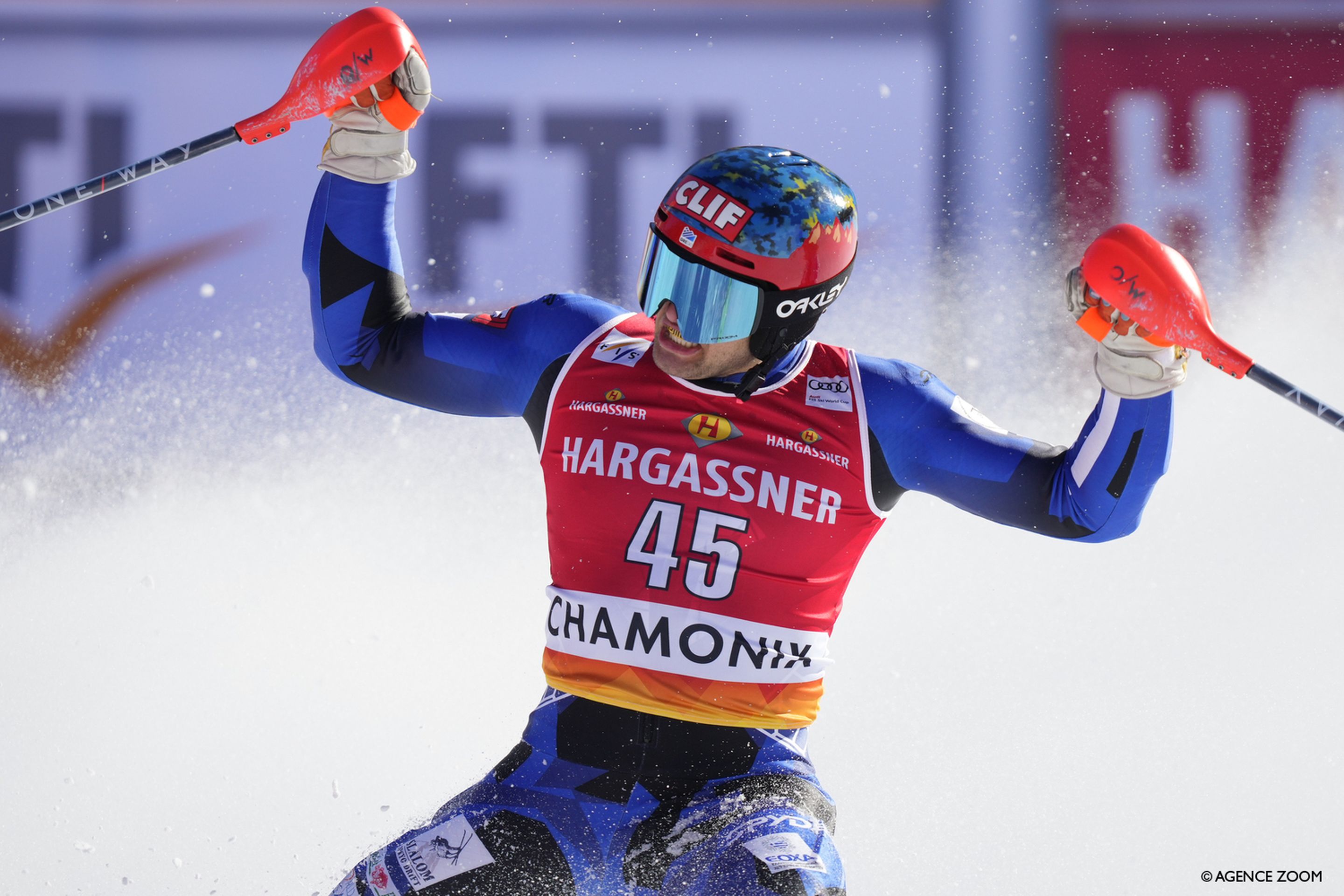 AJ Ginnis celebrating after his second run gave him the lead, and ultimately his first World Cup podium (Agence Zoom)