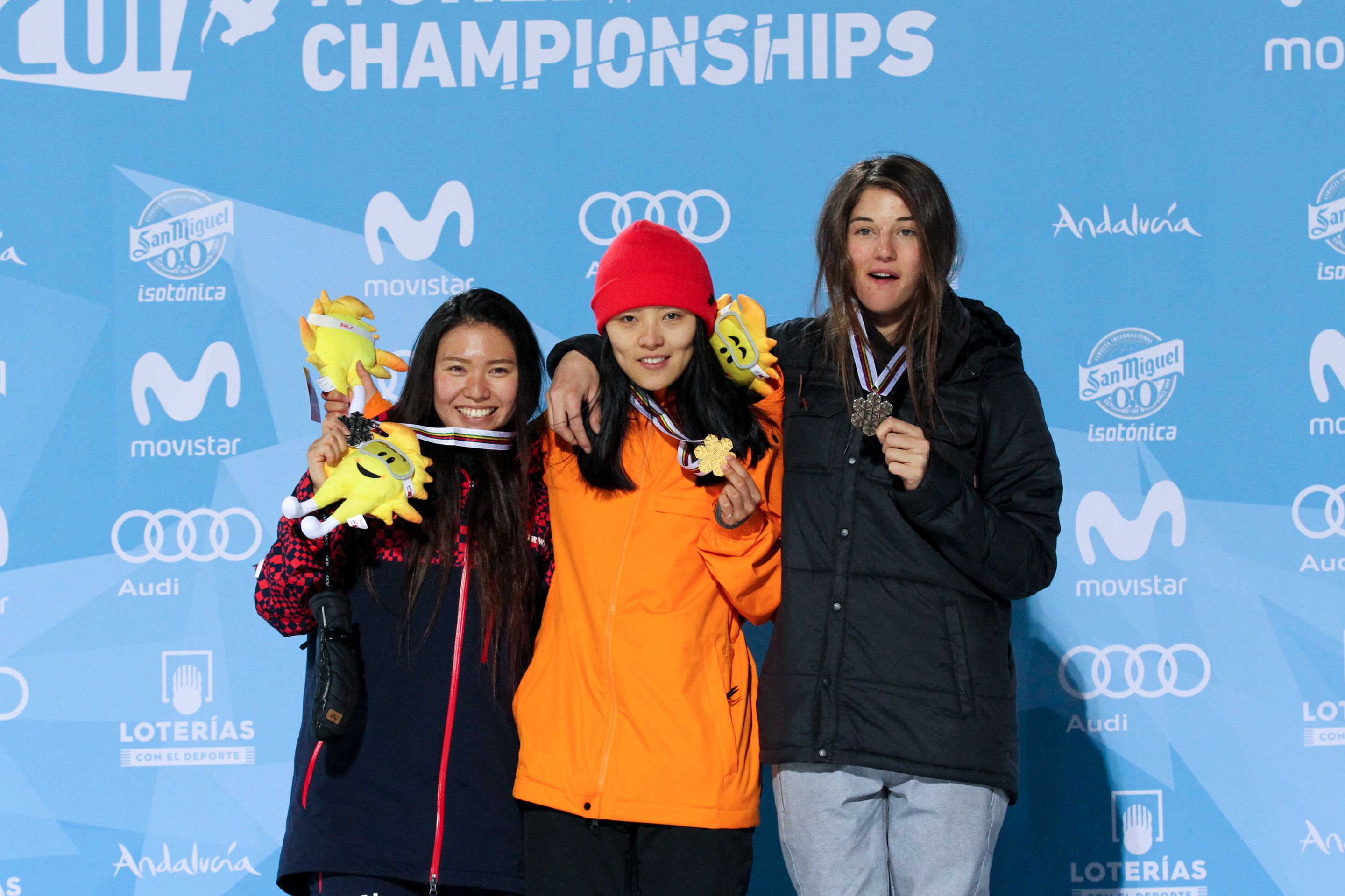 Halfpipe podium ladies - Sierra Nevada 2017 FIS Snowboard World Championships - Halfpipe - 2nd Haruna Matsumoto (JPN), 1st Xuetong Cai (CHN), 3rd Clemence Grimal (FRA)