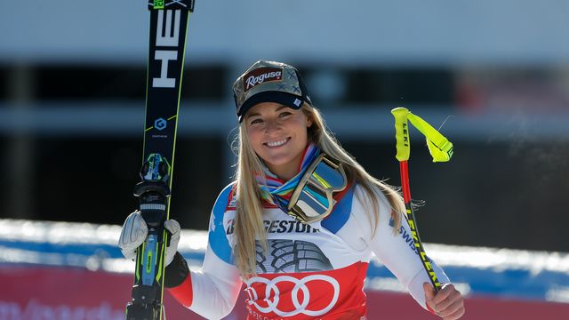 GARMISCH-PARTENKIRCHEN, GERMANY - JANUARY 22: Lara Gut of Switzerland takes 1st place during the Audi FIS Alpine Ski World Cup Women's Super-G on January 22, 2017 in Garmisch-Partenkirchen, Germany (Photo by Stanko Gruden/Agence Zoom)