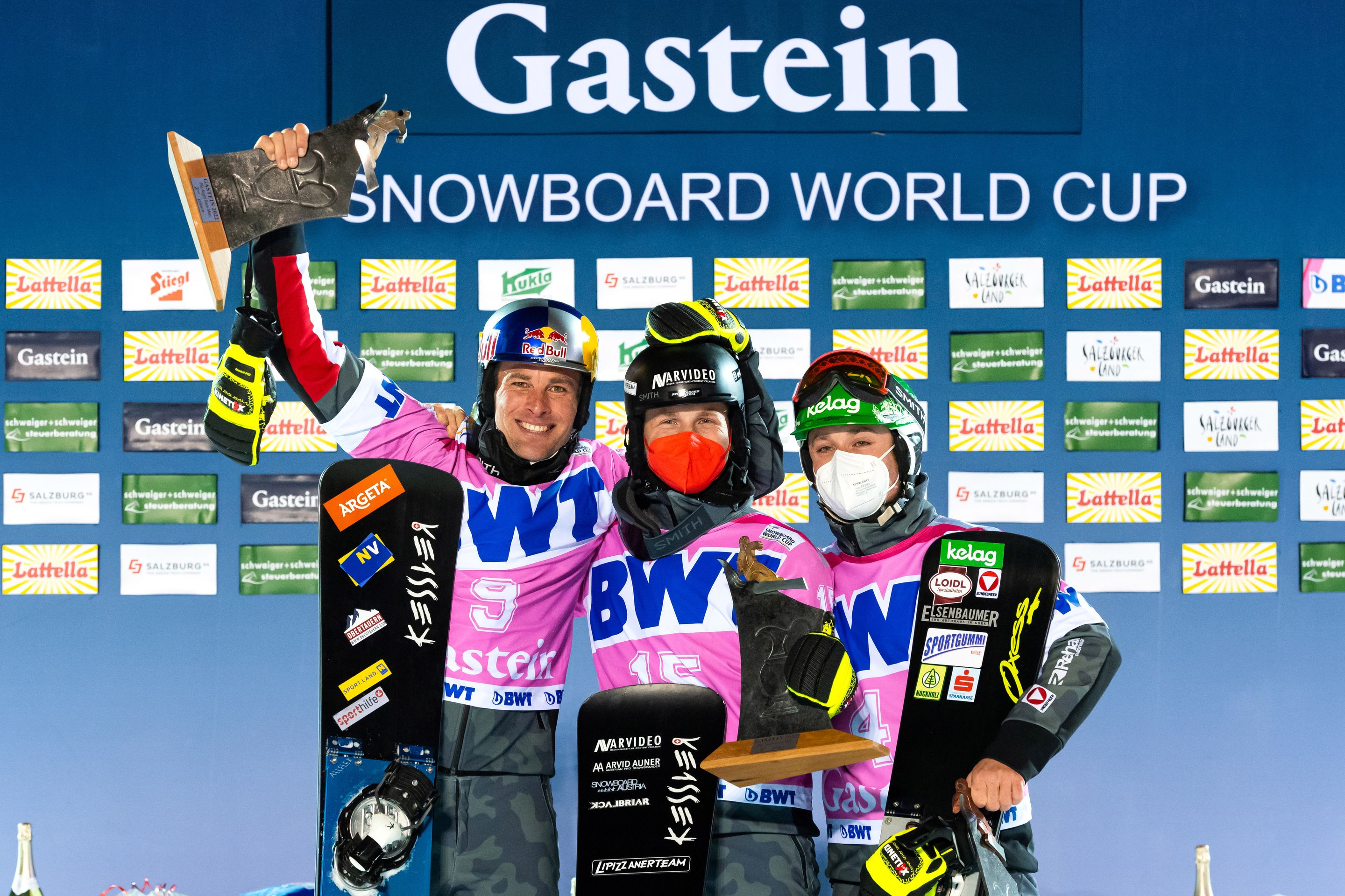 FIS Snowboard World Cup - Bad Gastein AUT - PSL - Men's podium with 2nd KARL Benjamin AUT, 1st 
AUNER Arvid AUT, 3rd PAYER Alexander AUT © Miha Matavz/FIS