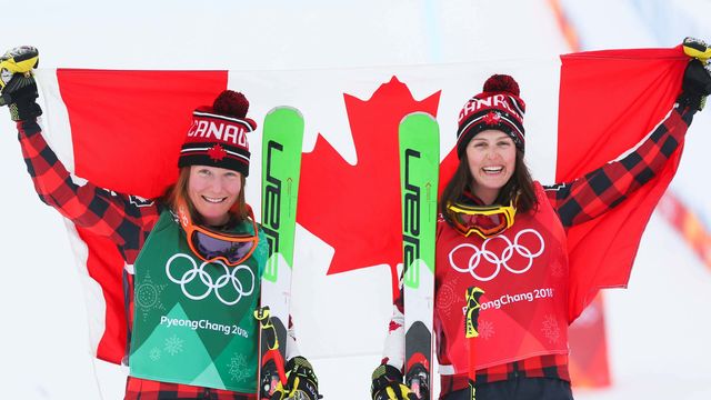 PYEONGCHANG-GUN, SOUTH KOREA - FEBRUARY 23: Kelsey Serwa of Canada takes 1st place, Brittany Phelan of Canada takes 2nd place during the Freestyle Skiing Women's Finals Ski Cross at Pheonix Snow Park on February 23, 2018 in Pyeongchang-gun, South Korea. (Photo by Laurent Salino/Agence Zoom)