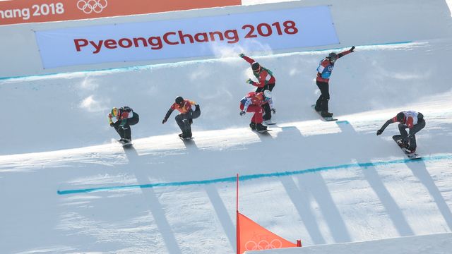 PYEONGCHANG-GUN, SOUTH KOREA - FEBRUARY 15: Pierre Vaultier of France takes 1st place, Kevin Hill of Canada competes, Kalle Koblet competes, Markus Schairer of Austria competes, Jarryd Hughes of Australia competes during the Snowboarding Men's Snowboard Cross Finals at Pheonix Snow Park on February 15, 2018 in Pyeongchang-gun, South Korea. (Photo by Laurent Salino/Agence Zoom)